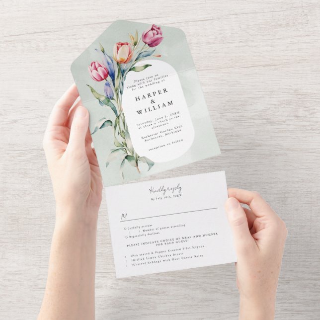 Invitación Todo En Uno tulipanes de manantial de acuarela rsvp adjunto bo (desgarro)