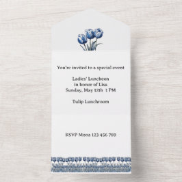 Invitación Todo En Uno Tulipanes en azul de Delft personalizables