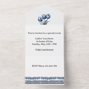 Invitación Todo En Uno Tulipanes en azul de Delft personalizables