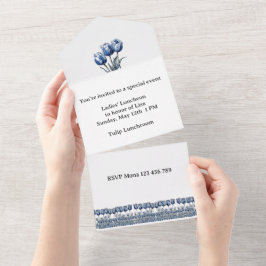 Invitación Todo En Uno Tulipanes en el personalizable azul Delft