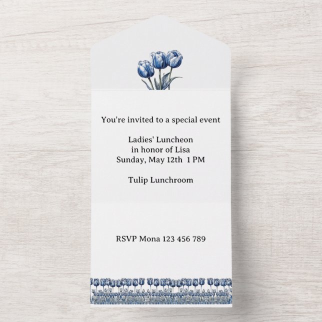 Invitación Todo En Uno Tulipanes en el personalizable azul Delft (Interior)