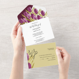 Invitación Todo En Uno Tulipanes morados Elegante acuarela pintada a mano