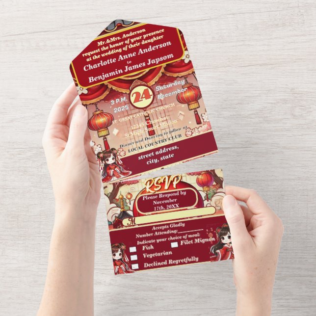 Invitación Todo En Uno Túnica de boda antigua linterna roja china (desgarro)