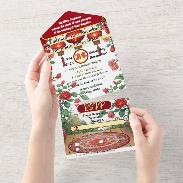 Invitación Todo En Uno Túnica de novia de edificio antiguo de linterna ro (desgarro)