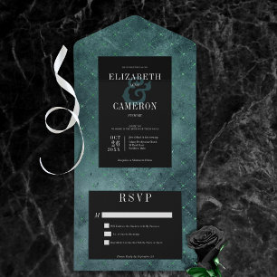 Invitación Todo En Uno Turquesa Oscura Gótica y Negro Vintage Diamante Si