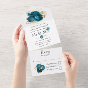 Invitación Todo En Uno Turquesa y Boda de oro de los bosques de medianoch