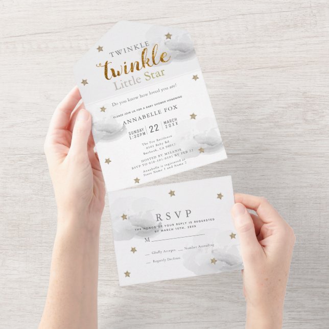 Invitación Todo En Uno Twinkle Little Star Gray RSVP Baby Shower Todo En  (desgarro)
