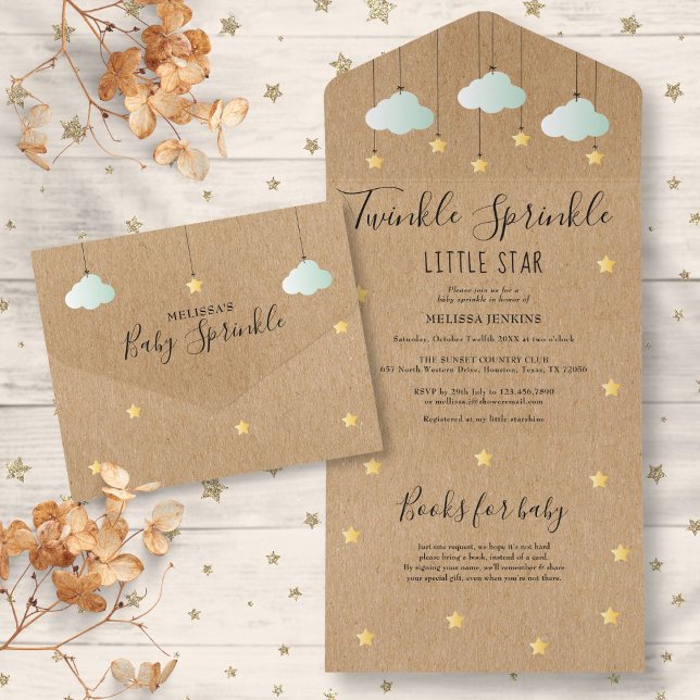 Invitación Todo En Uno Twinkle Sprinkle Rústico Sexo Neutral Baby Shower (Twinkle Sprinkle Rustic Gender Neutral Baby Shower All In One Invitation)