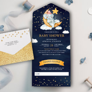 Invitación Todo En Uno Twinkle Stars Moon Elephant Navy Baby Shower azul