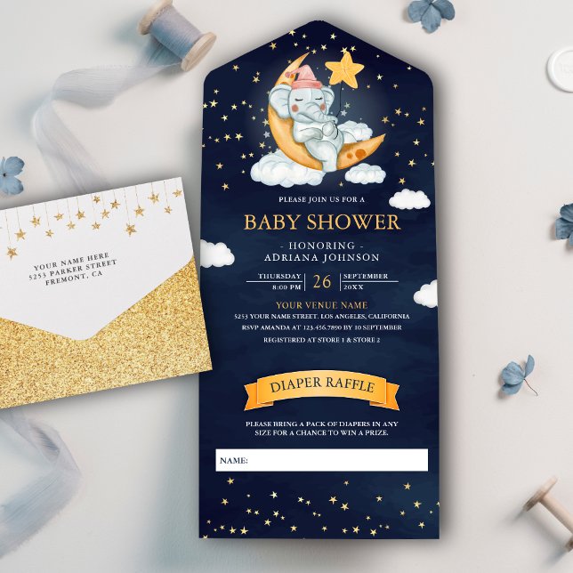 Invitación Todo En Uno Twinkle Stars Moon Elephant Navy Baby Shower azul (Subido por el creador)