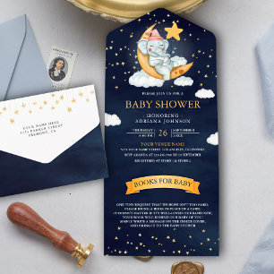 Invitación Todo En Uno Twinkle Stars Moon Nave Baby Shower Elefante Azul