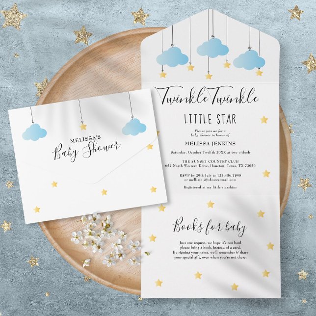 Invitación Todo En Uno Twinkle Twinkle Blue Nubes Gold Stars Baby Shower (Twinkle Twinkle Blue Clouds Gold Stars Baby Shower All In One Invitation)
