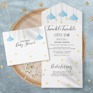 Invitación Todo En Uno Twinkle Twinkle Nubes Azules Estrellas Doradas Bab