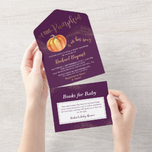 Invitación Todo En Uno Un pequeño Baby Shower morado Purpurina de oro de