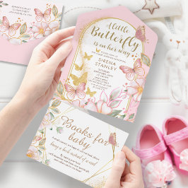 Invitación Todo En Uno Una mariposa pequeña | Baby Shower rosa Purpurina