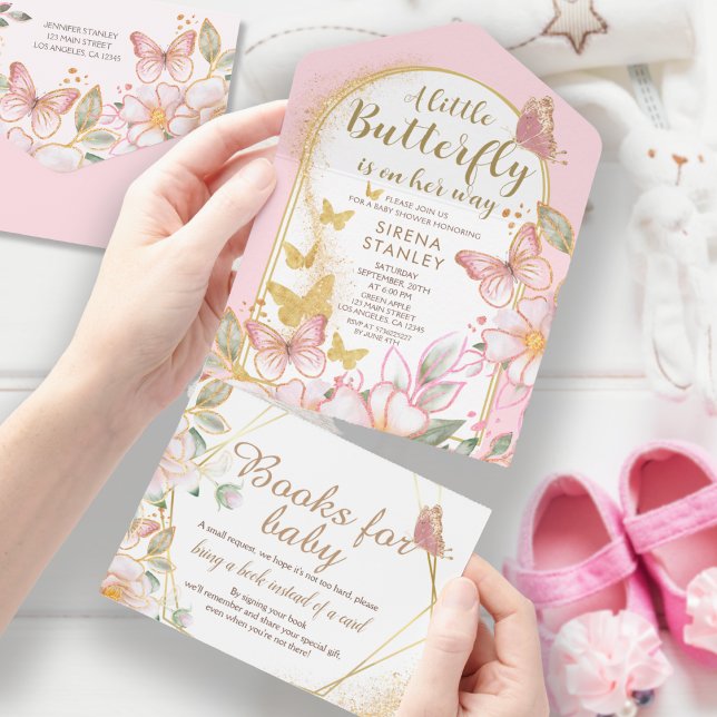 Invitación Todo En Uno Una mariposa pequeña | Baby Shower rosa Purpurina  (Subido por el creador)