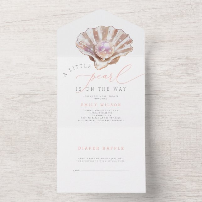 Invitación Todo En Uno Una pequeña perla está en camino Baby Shower (Interior)