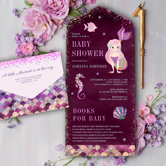 Invitación Todo En Uno Under the Sea Pink Purple Mermaid Baby Shower (Subido por el creador)