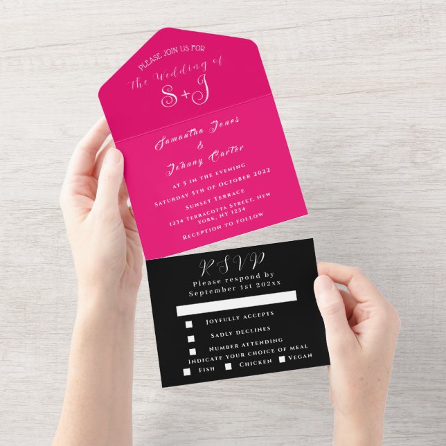 Invitación Todo En Uno Único RSVP Simple Magenta Boda negro rosa caliente (desgarro)
