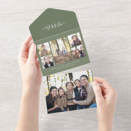 Invitación Todo En Uno Vacaciones verdes de envergadura en monograma rúst