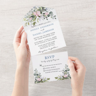 Invitación Todo En Uno Vegetación acuática Boda azul turbio rosa