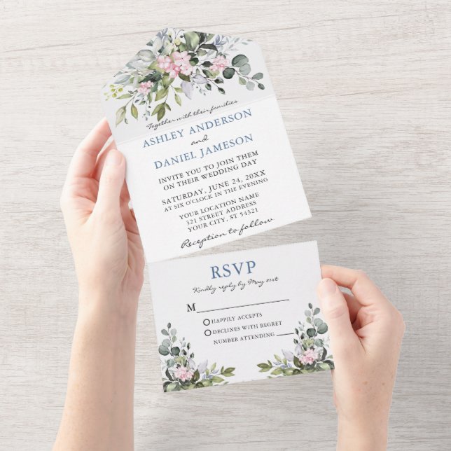 Invitación Todo En Uno Vegetación acuática Boda azul turbio rosado (desgarro)