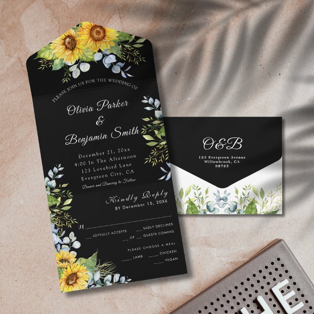 Invitación Todo En Uno Vegetación de girasol Foliage Boda blanco negro (Sunflower Greenery Foliage Black White Wedding All In One Invitation)