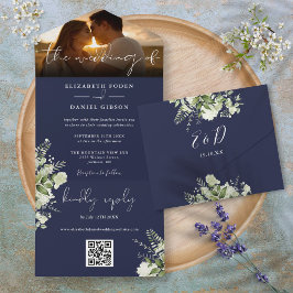 Invitación Todo En Uno Vegetación floral azul de la marina Boda de código