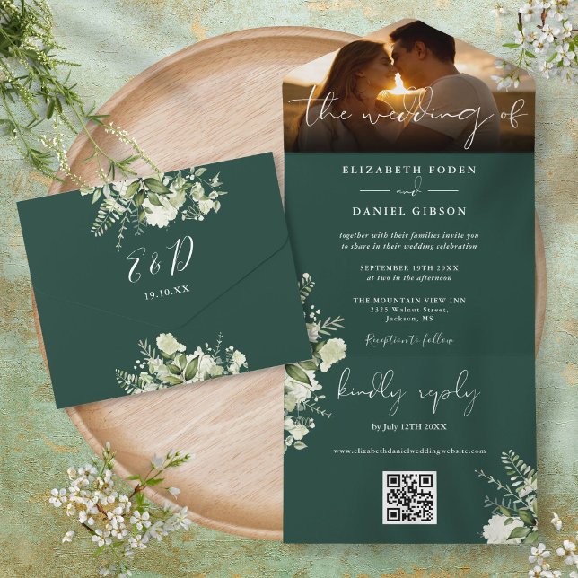Invitación Todo En Uno Vegetación floral esmeralda Boda de código QR (Emerald Floral Greenery QR Code Wedding Photo All In One Invitation)