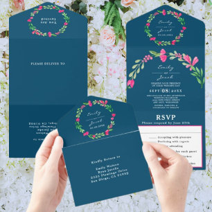 Invitación Todo En Uno Vegetación floral rosa Océano Moda azul Boda RSVP