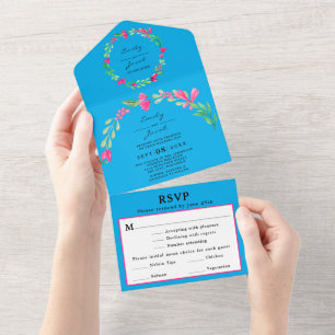 Invitación Todo En Uno Vegetación floral rosa Sky Elegante Boda Azul RSVP