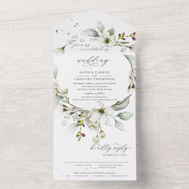 Invitación Todo En Uno Vegetación ligera | Boda caligráfico blanco floral (Interior)
