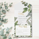 Invitación Todo En Uno Vegetación tropical rústica y cena eucalipto<br><div class="desc">TAMBIÉN ESTÁ DISPONIBLE CON UN CÓDIGO QR A ESCALAR. Sencillo y elegante, este diseño presenta una exuberante vegetación y un eucalipto con un suave fondo de color verde azulado en la parte delantera. Las invitaciones todo en uno personalizadas son una combinación única de una invitación personalizado bien impresa y una...</div>