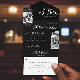 Invitación Todo En Uno Veo gente casada Cráneos góticos Boda negra