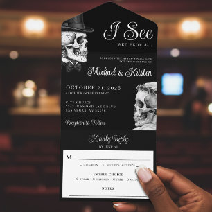Invitación Todo En Uno Veo gente casada Cráneos góticos Boda negra