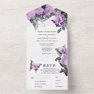 Invitación Todo En Uno Verano elegante boda de mariposa morada blanca