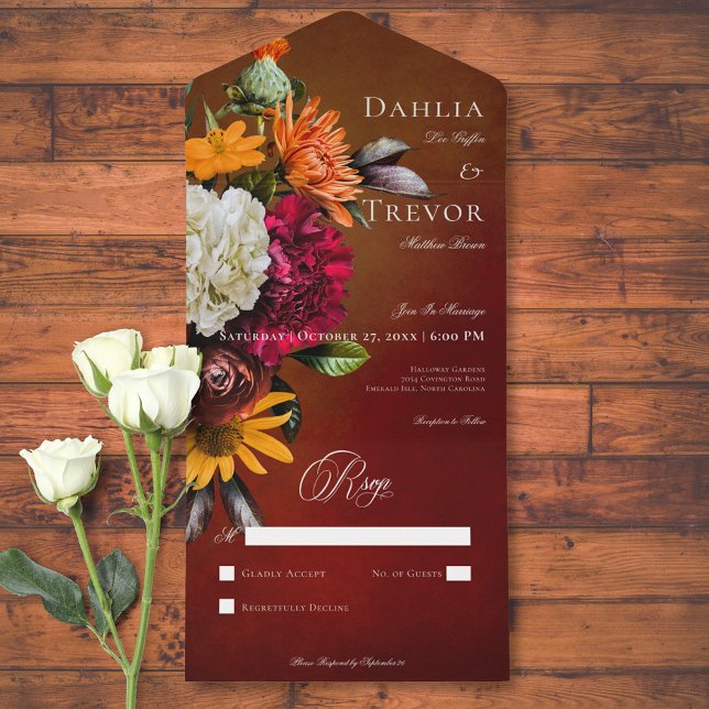 Invitación Todo En Uno Verano oscuro elegante Floral al sol sin cena (Dark Elegant Summer Sunset Floral No Dinner All In One Invitation)