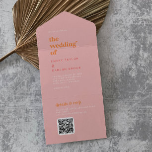 Invitación Todo En Uno Verano retro Boda rosa y Naranja