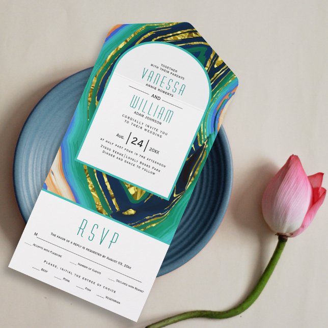 Invitación Todo En Uno Verde, azul, agate de melocotón, boda geodésico de (Subido por el creador)