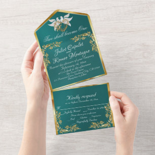 Invitación Todo En Uno Verde azulado, hojas de oro, palomas y corazón