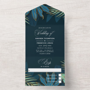 Invitación Todo En Uno Verde azulado - Hojas tropicales de turquesa y oro