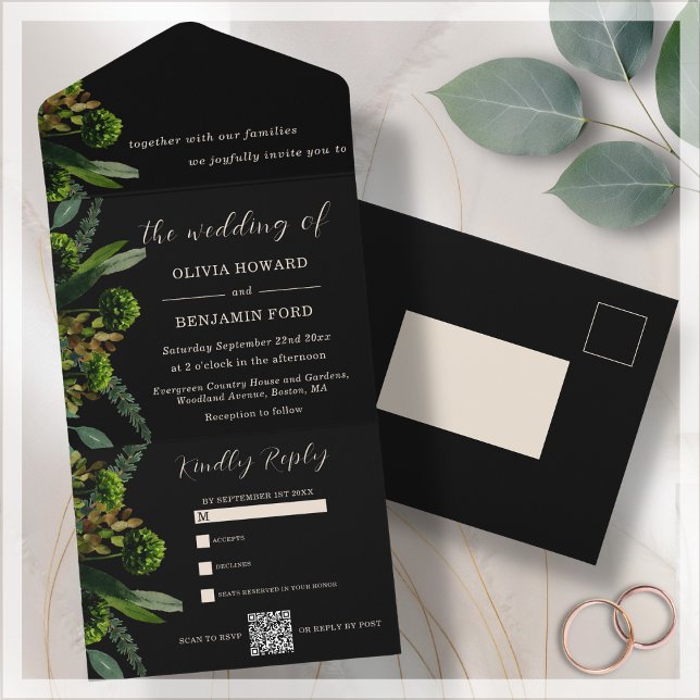 Invitación Todo En Uno Verde Botánico Negro | Código QR (Subido por el creador)