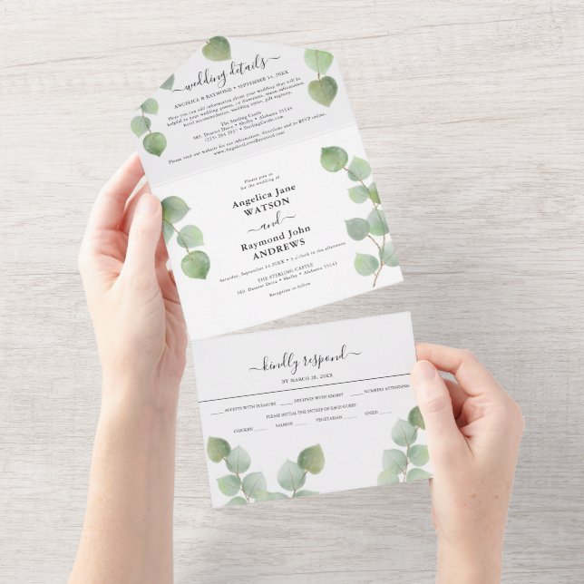 Invitación Todo En Uno Verde de eucalipto y clásico dorado de boda (desgarro)