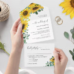Invitación Todo En Uno Verde de girasol brillante Eucalyptus Boda<br><div class="desc">Celebre su día especial con el Boda Eucalyptus All In One Invitation de la vegetación del girasol brillante con tarjeta RSVP desmontable. Esta invitación presenta un impresionante diseño de girasol y vegetación, perfecto para un boda rústico o al aire libre. La tarjeta RSVP desmontable facilita la respuesta de los clientes...</div>