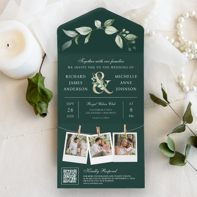 Invitación Todo En Uno Verde Dorado Ampersand Código QR Esmeralda Boda (Subido por el creador)