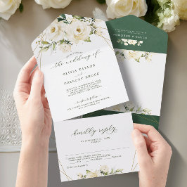 Invitación Todo En Uno Verde Elegante Boda floral de rosek blanco