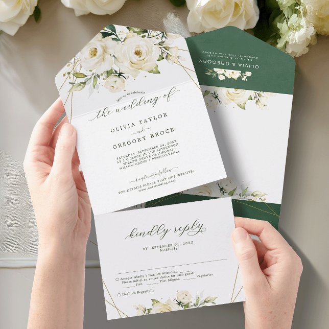 Invitación Todo En Uno Verde Elegante Boda floral de rosek blanco (Subido por el creador)