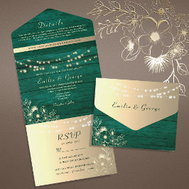 Invitación Todo En Uno Verde Esmeralda Dorado Rústico Boda Fotografía
