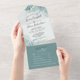 Invitación Todo En Uno Verde Esmeralda Verde Sagrado Foliaje Boda Aquarel