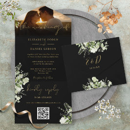 Invitación Todo En Uno Verde floral de oro negro Boda de código QR Foto